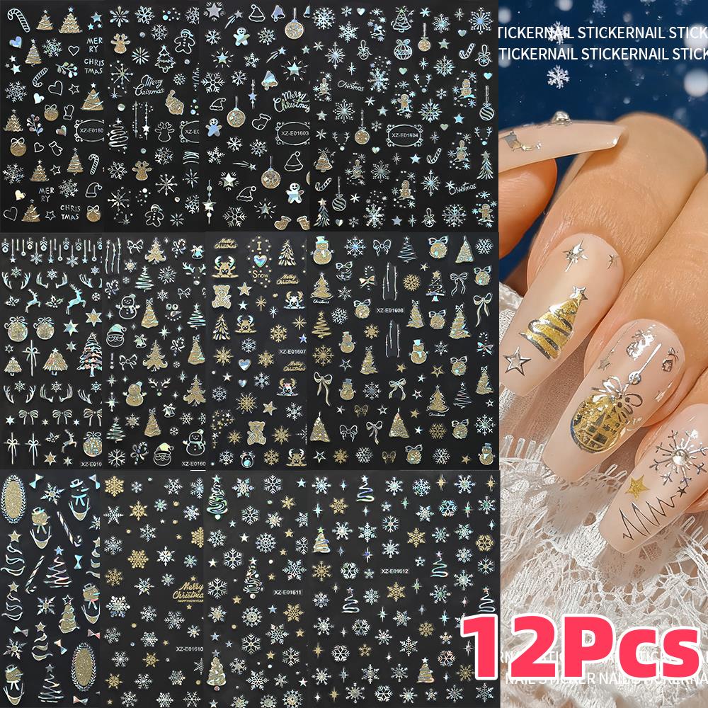 Nail Art Xmas Design - 12 قطعة ثلاثية الأبعاد الليزر الفضة