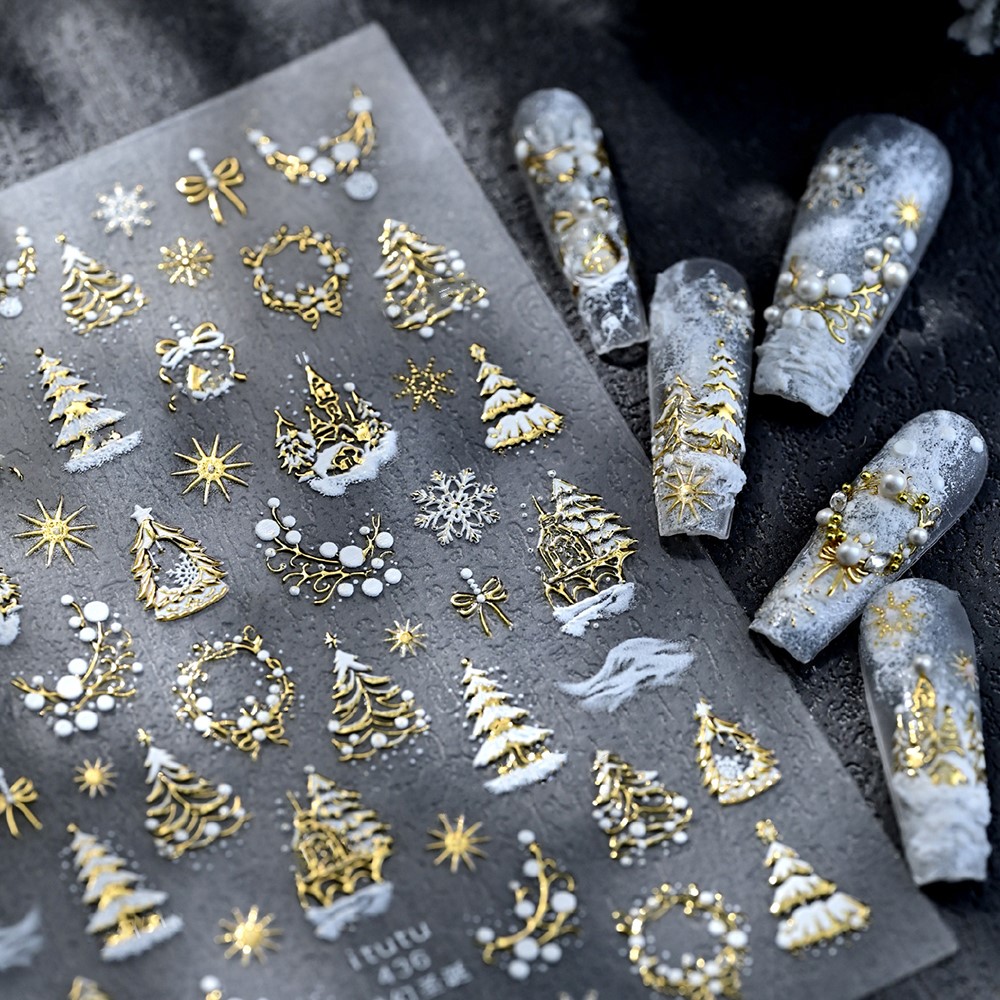 Nail Art Xmas Design - 5D تنقش الذهب القلعة/الإكليل/شجرة عيد الميلاد