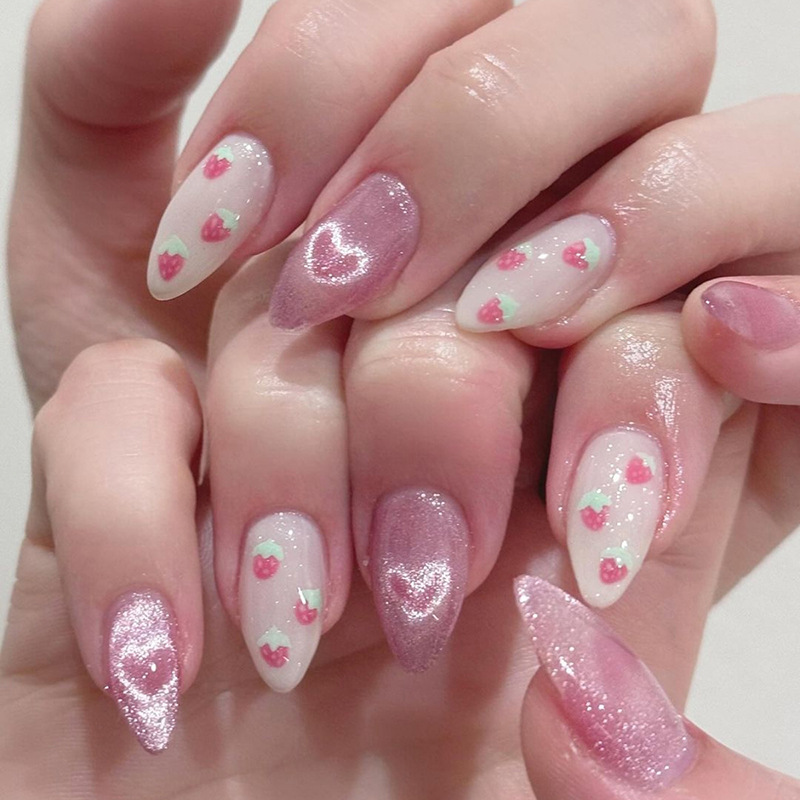 Nail Art Cat Eye Simple - 24 قطعة أظافر صناعية لاصقة بتصميم