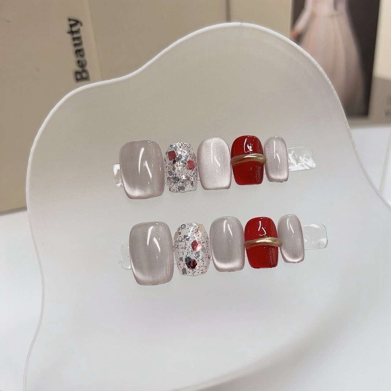 Nail Art Cat Eye Simple - 10 قطعة ضوء فاخر قصير مربع