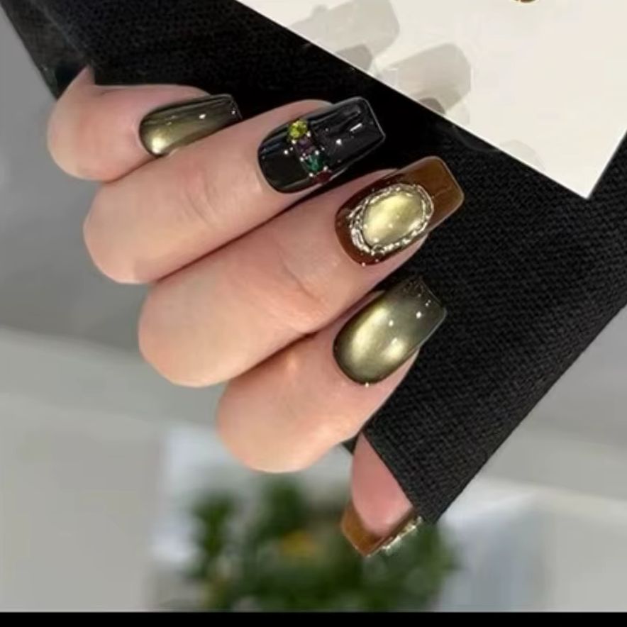 Nail Art Cat Eye Simple - 10 قطع أظافر صناعية أكريليك لاصقة